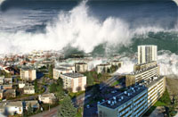 Picture of a city and the ocean. There is very high waves crashing into the city